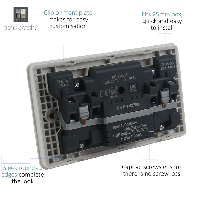 Load image into Gallery viewer, Trendi Switch ART-SKT213USB31AAWG, Artistic Modern 2 Gang USB 2x3.1mAH Plug Socket Warm Grey Finish, BRITISH MADE, (35mm Back Box Required), 5yrs Warranty - 53890
