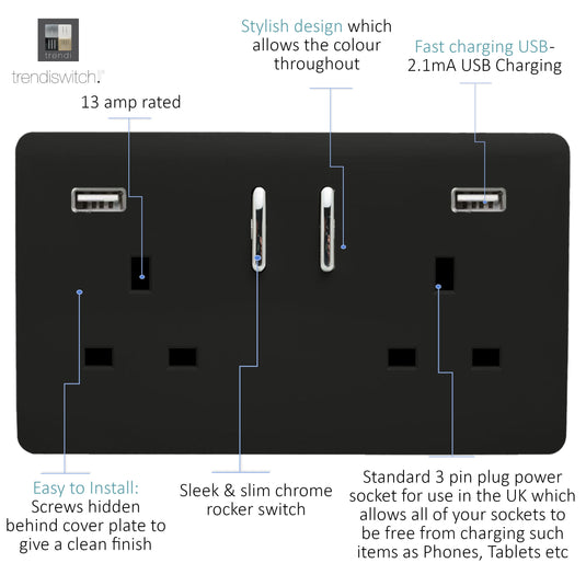 Trendi Switch ART-SKT213USB31AABK, Artistic Modern 2 Gang USB 2x3.1mAH Plug Socket Piano Black Finish, BRITISH MADE, (35mm Back Box Required), 5yrs Warranty - 53869