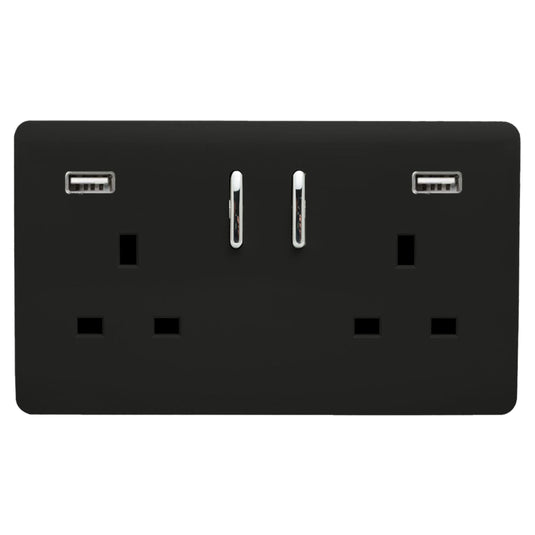 Trendi Switch ART-SKT213USB31AABK, Artistic Modern 2 Gang USB 2x3.1mAH Plug Socket Piano Black Finish, BRITISH MADE, (35mm Back Box Required), 5yrs Warranty - 53869