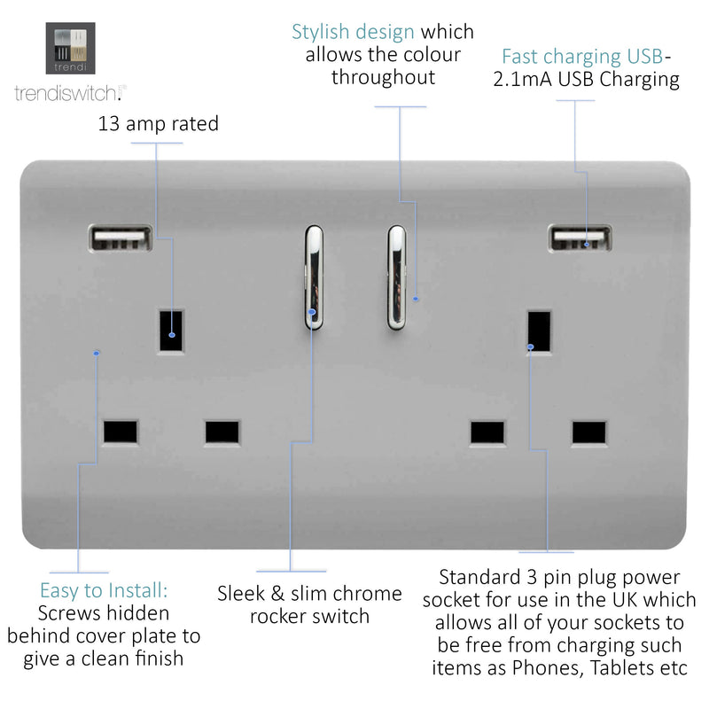 Load image into Gallery viewer, Trendi Switch ART-SKT213USB31AABS, Artistic Modern 2 Gang USB 2x3.1mAH Plug Socket Brushed Steel Finish, BRITISH MADE, (35mm Back Box Required), 5yrs Warranty - 53870
