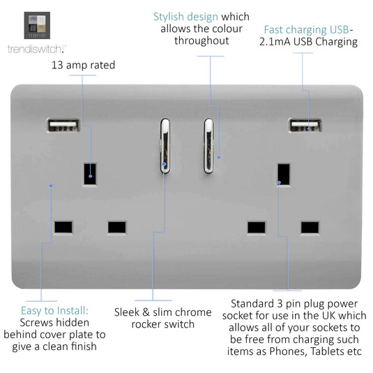 Trendi Switch ART-SKT213USB31AABS, Artistic Modern 2 Gang USB 2x3.1mAH Plug Socket Brushed Steel Finish, BRITISH MADE, (35mm Back Box Required), 5yrs Warranty - 53870