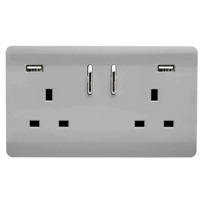 Trendi Switch ART-SKT213USB31AABS, Artistic Modern 2 Gang USB 2x3.1mAH Plug Socket Brushed Steel Finish, BRITISH MADE, (35mm Back Box Required), 5yrs Warranty - 53870