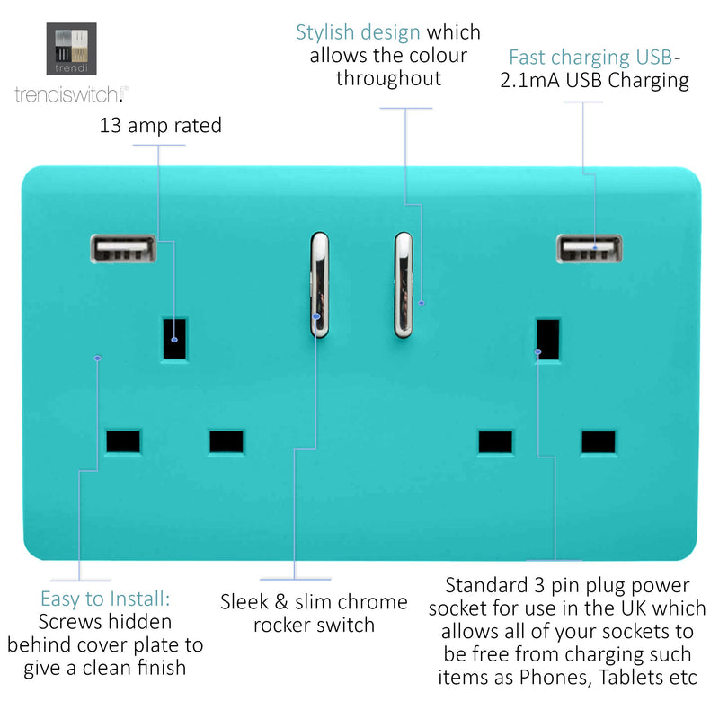 Load image into Gallery viewer, Trendi Switch ART-SKT213USB31AABT, Artistic Modern 2 Gang USB 2x3.1mAH Plug Socket Bright Teal Finish, BRITISH MADE, (35mm Back Box Required), 5yrs Warranty - 53871
