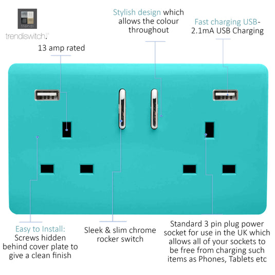 Trendi Switch ART-SKT213USB31AABT, Artistic Modern 2 Gang USB 2x3.1mAH Plug Socket Bright Teal Finish, BRITISH MADE, (35mm Back Box Required), 5yrs Warranty - 53871