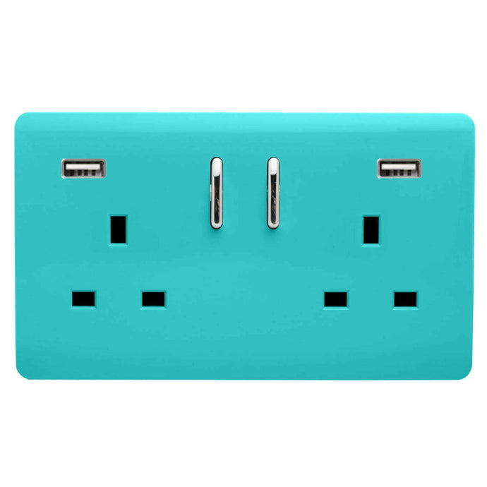 Trendi Switch ART-SKT213USB31AABT, Artistic Modern 2 Gang USB 2x3.1mAH Plug Socket Bright Teal Finish, BRITISH MADE, (35mm Back Box Required), 5yrs Warranty - 53871