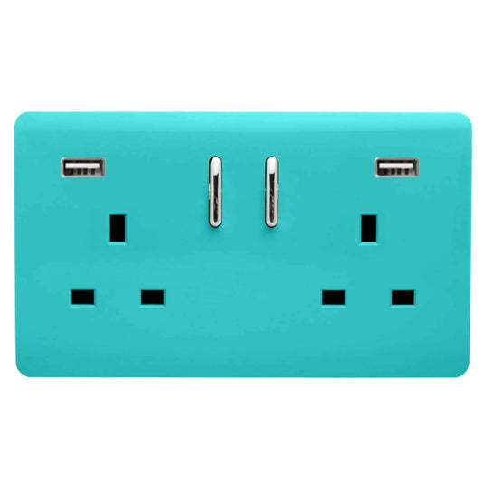 Trendi Switch ART-SKT213USB31AABT, Artistic Modern 2 Gang USB 2x3.1mAH Plug Socket Bright Teal Finish, BRITISH MADE, (35mm Back Box Required), 5yrs Warranty - 53871