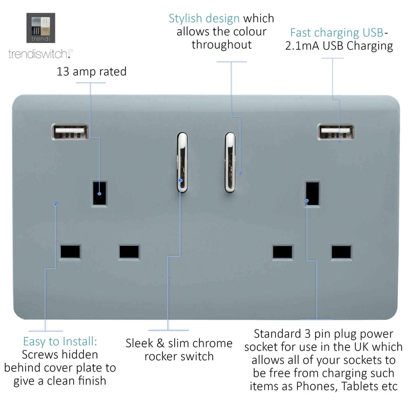 Load image into Gallery viewer, Trendi Switch ART-SKT213USB31AACG, Artistic Modern 2 Gang USB 2x3.1mAH Plug Socket Cool Grey Finish, BRITISH MADE, (35mm Back Box Required), 5yrs Warranty - 53872
