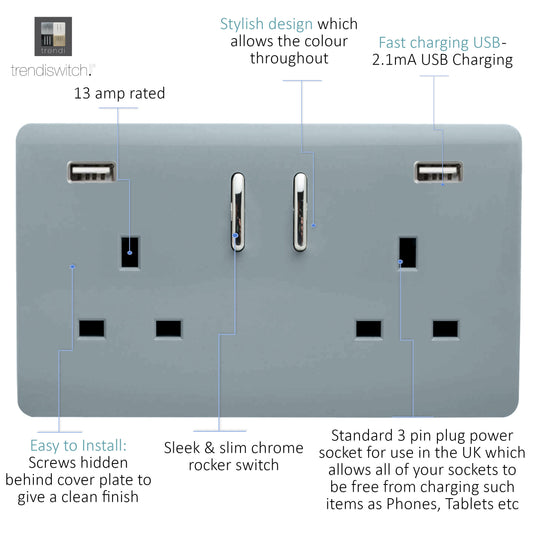 Trendi Switch ART-SKT213USB31AACG, Artistic Modern 2 Gang USB 2x3.1mAH Plug Socket Cool Grey Finish, BRITISH MADE, (35mm Back Box Required), 5yrs Warranty - 53872