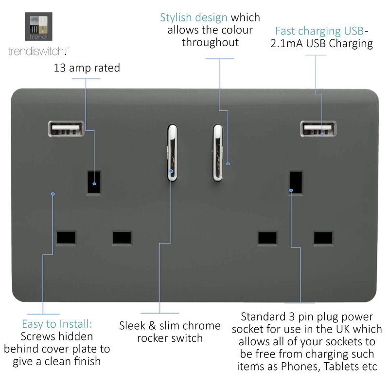 Load image into Gallery viewer, Trendi Switch ART-SKT213USB31AACH, Artistic Modern 2 Gang USB 2x3.1mAH Plug Socket Charcoal Finish, BRITISH MADE, (35mm Back Box Required), 5yrs Warranty - 53873
