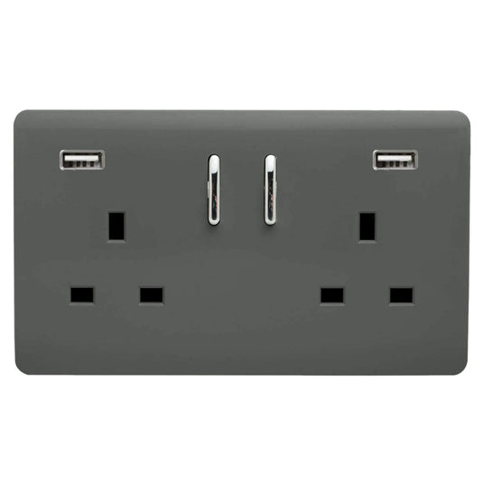 Trendi Switch ART-SKT213USB31AACH, Artistic Modern 2 Gang USB 2x3.1mAH Plug Socket Charcoal Finish, BRITISH MADE, (35mm Back Box Required), 5yrs Warranty - 53873