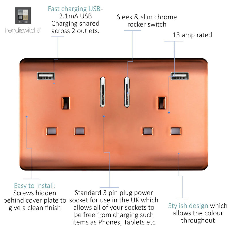 Load image into Gallery viewer, Trendi Switch ART-SKT213USB31AACPR, Artistic Modern 2 Gang USB 2x3.1mAH Plug Socket Copper Finish, BRITISH MADE, (35mm Back Box Required), 5yrs Warranty - 53874
