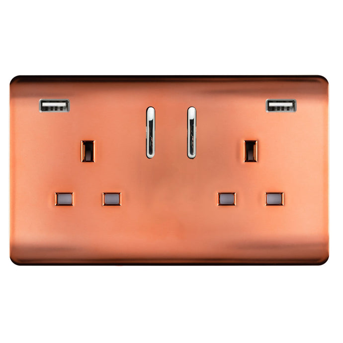 Trendi Switch ART-SKT213USB31AACPR, Artistic Modern 2 Gang USB 2x3.1mAH Plug Socket Copper Finish, BRITISH MADE, (35mm Back Box Required), 5yrs Warranty - 53874