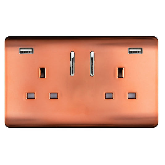 Trendi Switch ART-SKT213USB31AACPR, Artistic Modern 2 Gang USB 2x3.1mAH Plug Socket Copper Finish, BRITISH MADE, (35mm Back Box Required), 5yrs Warranty - 53874