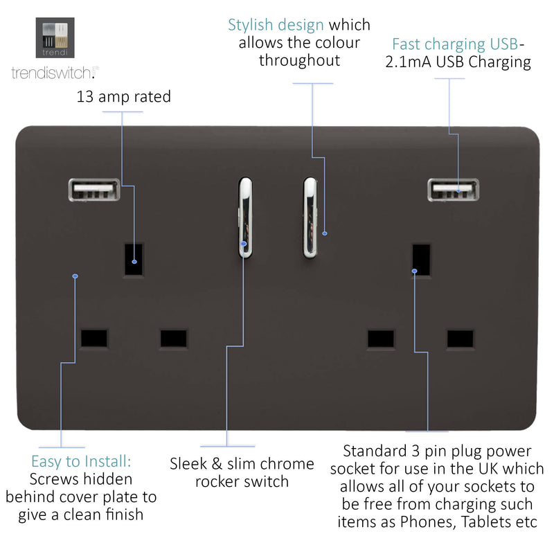 Load image into Gallery viewer, Trendi Switch ART-SKT213USB31AADB, Artistic Modern 2 Gang USB 2x3.1mAH Plug Socket Dark Brown Finish, BRITISH MADE, (35mm Back Box Required), 5yrs Warranty - 53875
