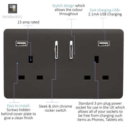 Trendi Switch ART-SKT213USB31AADB, Artistic Modern 2 Gang USB 2x3.1mAH Plug Socket Dark Brown Finish, BRITISH MADE, (35mm Back Box Required), 5yrs Warranty - 53875