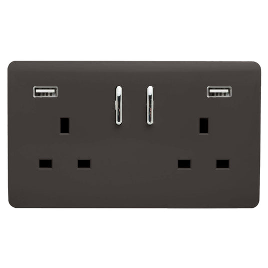 Trendi Switch ART-SKT213USB31AADB, Artistic Modern 2 Gang USB 2x3.1mAH Plug Socket Dark Brown Finish, BRITISH MADE, (35mm Back Box Required), 5yrs Warranty - 53875