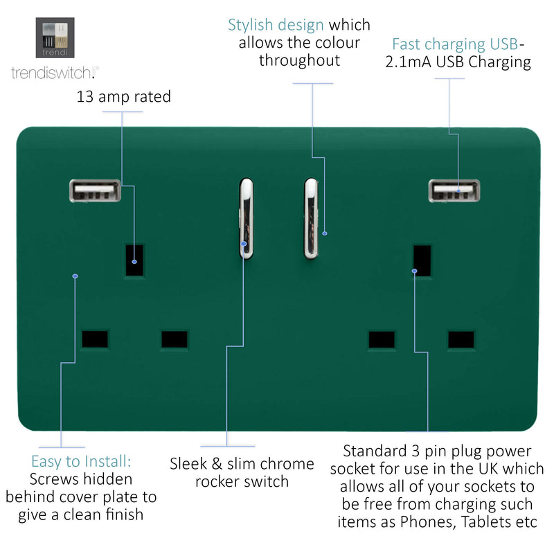 Load image into Gallery viewer, Trendi Switch ART-SKT213USB31AADG, Artistic Modern 2 Gang USB 2x3.1mAH Plug Socket Dark Green Finish, BRITISH MADE, (35mm Back Box Required), 5yrs Warranty - 53876
