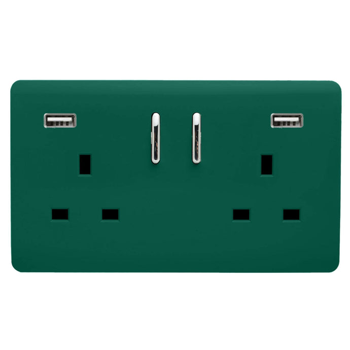 Trendi Switch ART-SKT213USB31AADG, Artistic Modern 2 Gang USB 2x3.1mAH Plug Socket Dark Green Finish, BRITISH MADE, (35mm Back Box Required), 5yrs Warranty - 53876