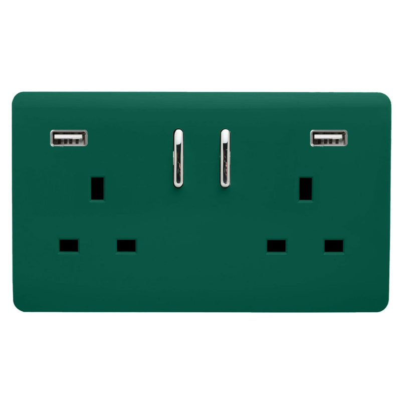 Load image into Gallery viewer, Trendi Switch ART-SKT213USB31AADG, Artistic Modern 2 Gang USB 2x3.1mAH Plug Socket Dark Green Finish, BRITISH MADE, (35mm Back Box Required), 5yrs Warranty - 53876
