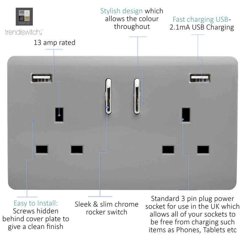 Load image into Gallery viewer, Trendi Switch ART-SKT213USB31AALG, Artistic Modern 2 Gang USB 2x3.1mAH Plug Socket Light Grey Finish, BRITISH MADE, (35mm Back Box Required), 5yrs Warranty - 53878
