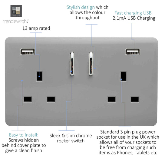 Trendi Switch ART-SKT213USB31AALG, Artistic Modern 2 Gang USB 2x3.1mAH Plug Socket Light Grey Finish, BRITISH MADE, (35mm Back Box Required), 5yrs Warranty - 53878