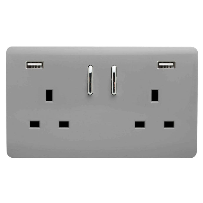 Trendi Switch ART-SKT213USB31AALG, Artistic Modern 2 Gang USB 2x3.1mAH Plug Socket Light Grey Finish, BRITISH MADE, (35mm Back Box Required), 5yrs Warranty - 53878