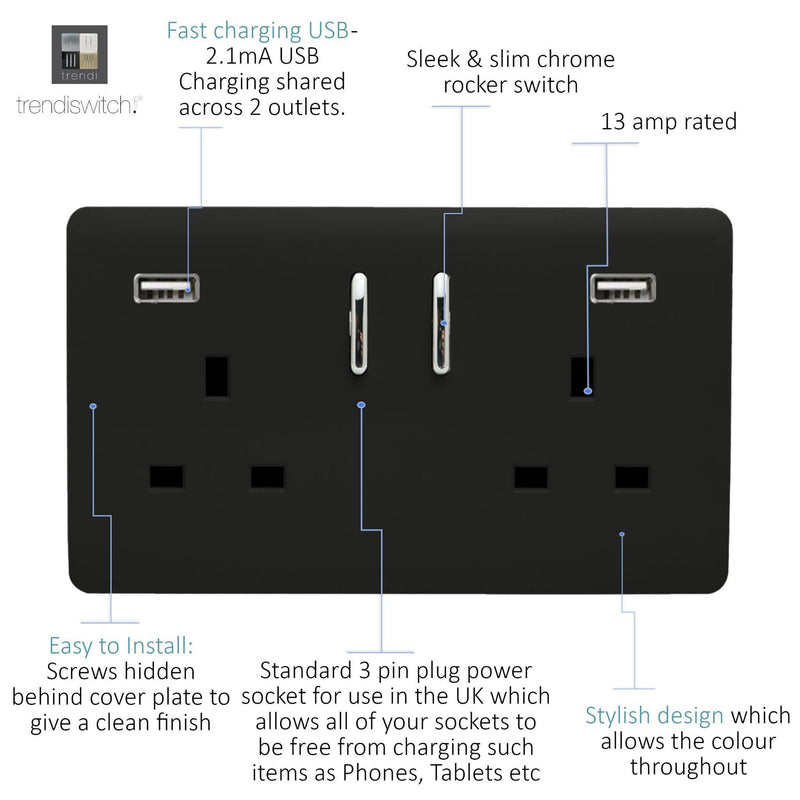 Load image into Gallery viewer, Trendi Switch ART-SKT213USB31AAMBK, Artistic Modern 2 Gang USB 2x3.1mAH Plug Socket Matt Black Finish, BRITISH MADE, (35mm Back Box Required), 5yrs Warranty - 53879
