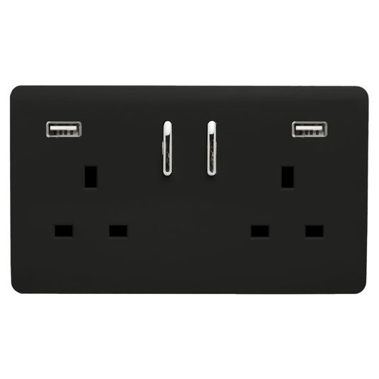 Trendi Switch ART-SKT213USB31AAMBK, Artistic Modern 2 Gang USB 2x3.1mAH Plug Socket Matt Black Finish, BRITISH MADE, (35mm Back Box Required), 5yrs Warranty - 53879