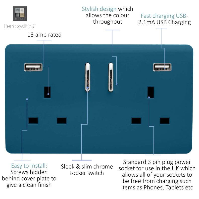 Load image into Gallery viewer, Trendi Switch ART-SKT213USB31AAMD, Artistic Modern 2 Gang USB 2x3.1mAH Plug Socket Midnight Blue Finish, BRITISH MADE, (35mm Back Box Required), 5yrs Warranty - 53880
