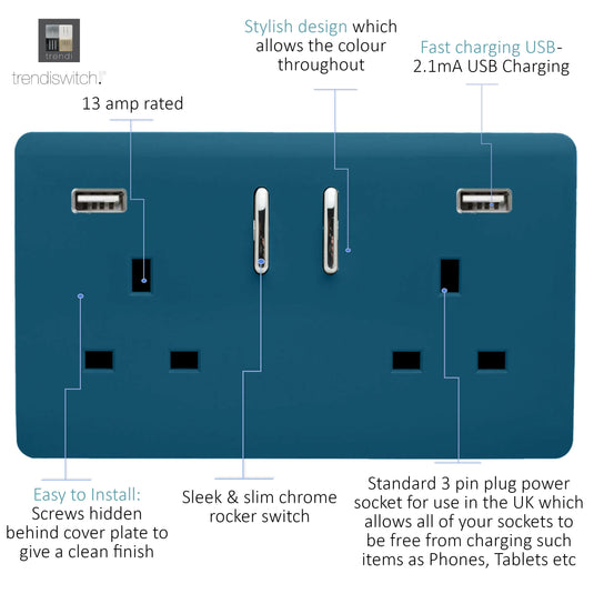 Trendi Switch ART-SKT213USB31AAMD, Artistic Modern 2 Gang USB 2x3.1mAH Plug Socket Midnight Blue Finish, BRITISH MADE, (35mm Back Box Required), 5yrs Warranty - 53880