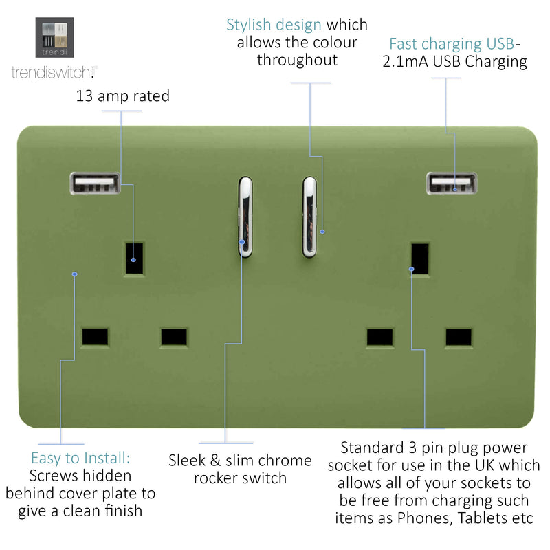 Load image into Gallery viewer, Trendi Switch ART-SKT213USB31AAMG, Artistic Modern 2 Gang USB 2x3.1mAH Plug Socket Moss Green Finish, BRITISH MADE, (35mm Back Box Required), 5yrs Warranty - 53881
