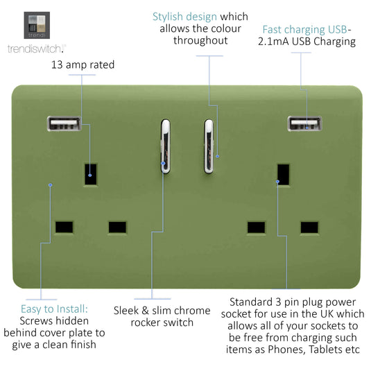 Trendi Switch ART-SKT213USB31AAMG, Artistic Modern 2 Gang USB 2x3.1mAH Plug Socket Moss Green Finish, BRITISH MADE, (35mm Back Box Required), 5yrs Warranty - 53881