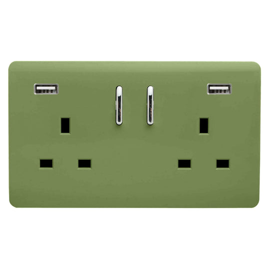 Trendi Switch ART-SKT213USB31AAMG, Artistic Modern 2 Gang USB 2x3.1mAH Plug Socket Moss Green Finish, BRITISH MADE, (35mm Back Box Required), 5yrs Warranty - 53881