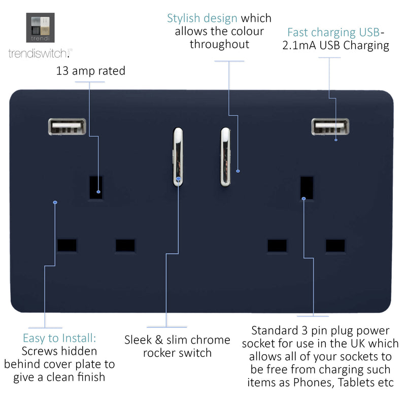 Load image into Gallery viewer, Trendi Switch ART-SKT213USB31AANV, Artistic Modern 2 Gang USB 2x3.1mAH Plug Socket Navy Blue Finish, BRITISH MADE, (35mm Back Box Required), 5yrs Warranty - 53882
