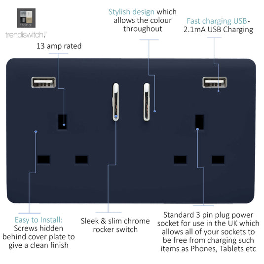 Trendi Switch ART-SKT213USB31AANV, Artistic Modern 2 Gang USB 2x3.1mAH Plug Socket Navy Blue Finish, BRITISH MADE, (35mm Back Box Required), 5yrs Warranty - 53882