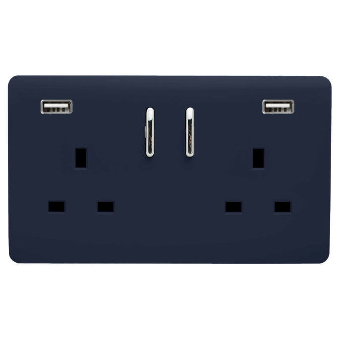 Trendi Switch ART-SKT213USB31AANV, Artistic Modern 2 Gang USB 2x3.1mAH Plug Socket Navy Blue Finish, BRITISH MADE, (35mm Back Box Required), 5yrs Warranty - 53882