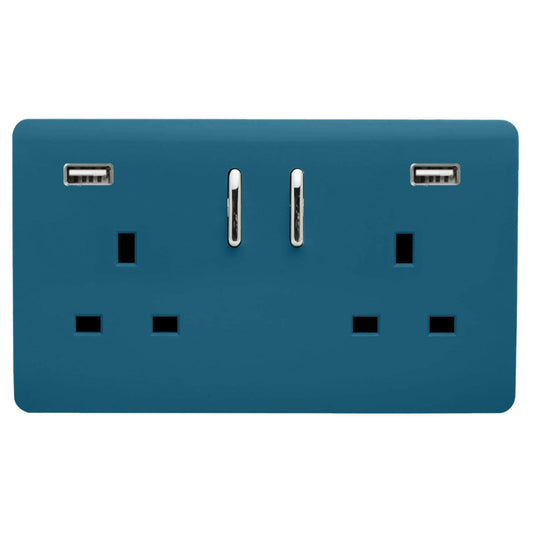 Trendi Switch ART-SKT213USB31AAOB, Artistic Modern 2 Gang USB 2x3.1mAH Plug Socket Ocean Blue Finish, BRITISH MADE, (35mm Back Box Required), 5yrs Warranty - 53883