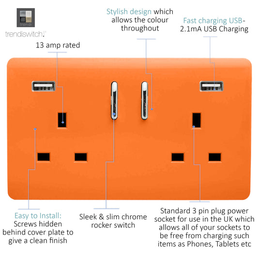 Trendi Switch ART-SKT213USB31AAOR, Artistic Modern 2 Gang USB 2x3.1mAH Plug Socket Orange Finish, BRITISH MADE, (35mm Back Box Required), 5yrs Warranty - 53884