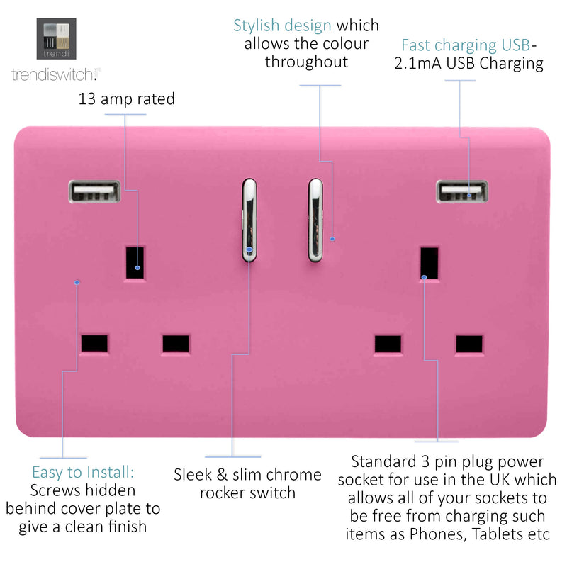 Load image into Gallery viewer, Trendi Switch ART-SKT213USB31AAPK, Artistic Modern 2 Gang USB 2x3.1mAH Plug Socket Pink Finish, BRITISH MADE, (35mm Back Box Required), 5yrs Warranty - 53885
