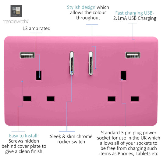 Trendi Switch ART-SKT213USB31AAPK, Artistic Modern 2 Gang USB 2x3.1mAH Plug Socket Pink Finish, BRITISH MADE, (35mm Back Box Required), 5yrs Warranty - 53885