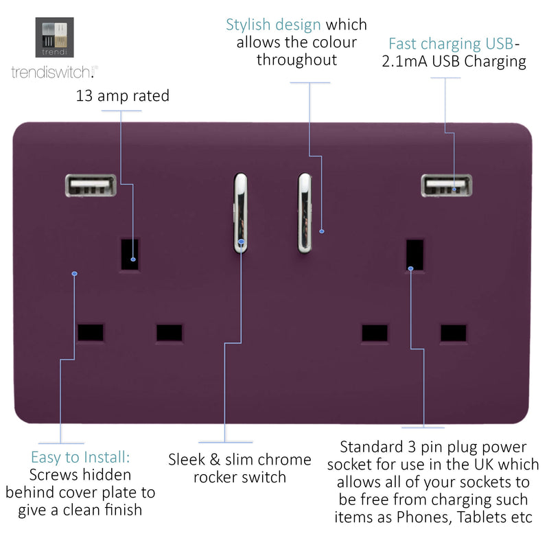 Load image into Gallery viewer, Trendi Switch ART-SKT213USB31AAPL, Artistic Modern 2 Gang USB 2x3.1mAH Plug Socket Plum Finish, BRITISH MADE, (35mm Back Box Required), 5yrs Warranty - 53886
