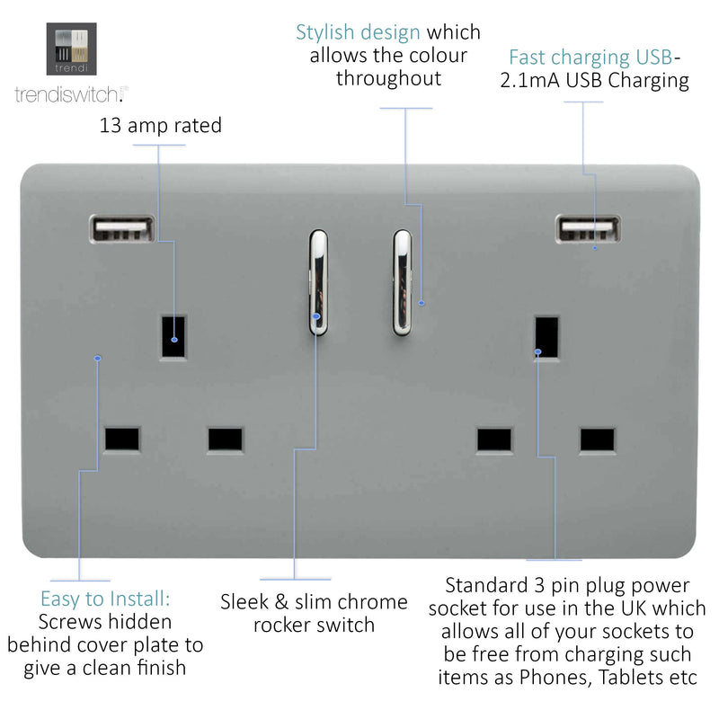 Load image into Gallery viewer, Trendi Switch ART-SKT213USB31AASI, Artistic Modern 2 Gang USB 2x3.1mAH Plug Socket Platinum Silver Finish, BRITISH MADE, (35mm Back Box Required), 5yrs Warranty - 53888
