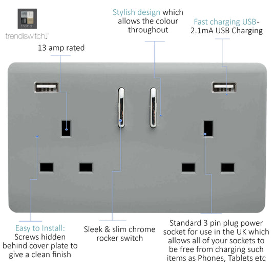 Trendi Switch ART-SKT213USB31AASI, Artistic Modern 2 Gang USB 2x3.1mAH Plug Socket Platinum Silver Finish, BRITISH MADE, (35mm Back Box Required), 5yrs Warranty - 53888