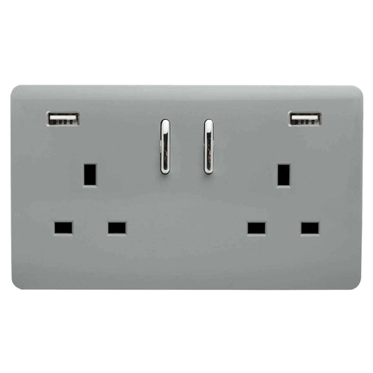 Trendi Switch ART-SKT213USB31AASI, Artistic Modern 2 Gang USB 2x3.1mAH Plug Socket Platinum Silver Finish, BRITISH MADE, (35mm Back Box Required), 5yrs Warranty - 53888