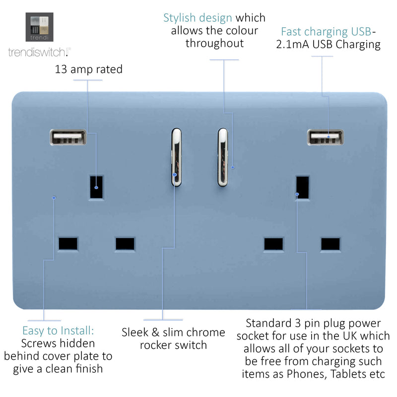 Load image into Gallery viewer, Trendi Switch ART-SKT213USB31AASK, Artistic Modern 2 Gang USB 2x3.1mAH Plug Socket Sky Finish, BRITISH MADE, (35mm Back Box Required), 5yrs Warranty - 53889
