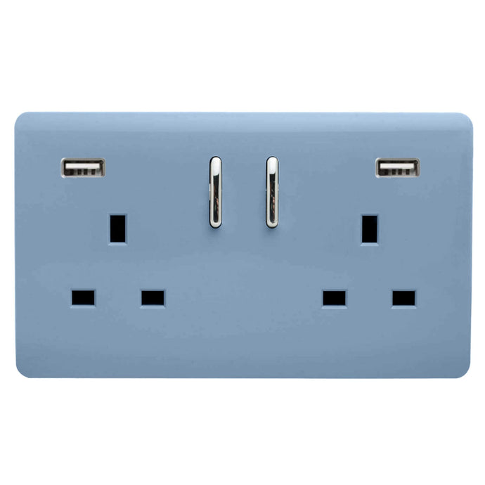 Trendi Switch ART-SKT213USB31AASK, Artistic Modern 2 Gang USB 2x3.1mAH Plug Socket Sky Finish, BRITISH MADE, (35mm Back Box Required), 5yrs Warranty - 53889