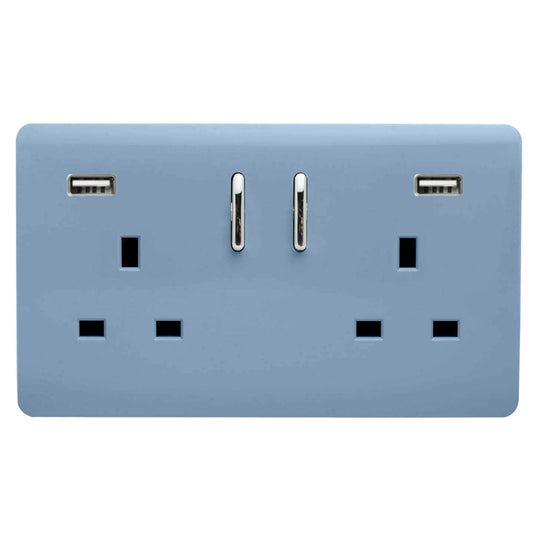 Trendi Switch ART-SKT213USB31AASK, Artistic Modern 2 Gang USB 2x3.1mAH Plug Socket Sky Finish, BRITISH MADE, (35mm Back Box Required), 5yrs Warranty - 53889