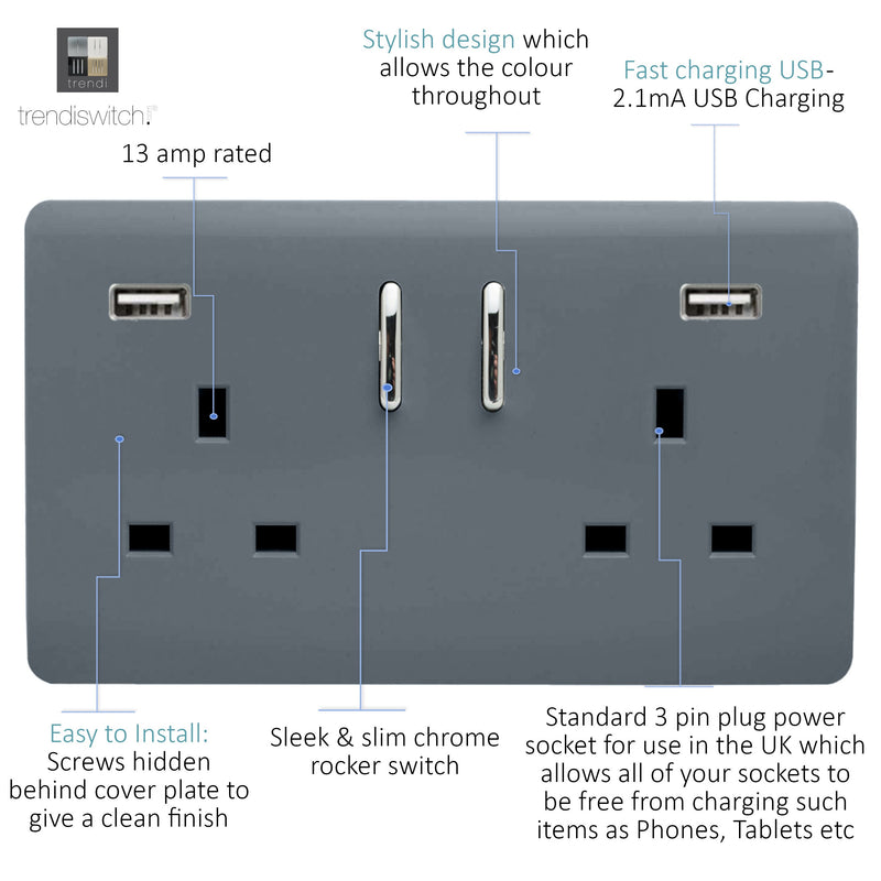 Load image into Gallery viewer, Trendi Switch ART-SKT213USB31AAWG, Artistic Modern 2 Gang USB 2x3.1mAH Plug Socket Warm Grey Finish, BRITISH MADE, (35mm Back Box Required), 5yrs Warranty - 53890
