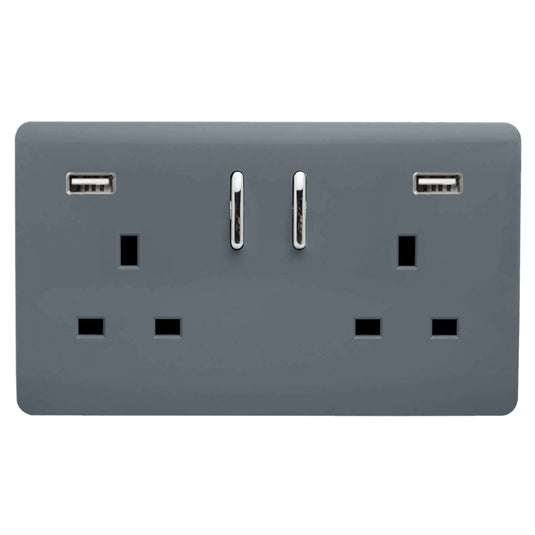 Trendi Switch ART-SKT213USB31AAWG, Artistic Modern 2 Gang USB 2x3.1mAH Plug Socket Warm Grey Finish, BRITISH MADE, (35mm Back Box Required), 5yrs Warranty - 53890