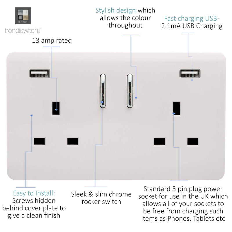 Load image into Gallery viewer, Trendi Switch ART-SKT213USB31AAWH, Artistic Modern 2 Gang USB 2x3.1mAH Plug Socket Ice White Finish, BRITISH MADE, (35mm Back Box Required), 5yrs Warranty - 53891
